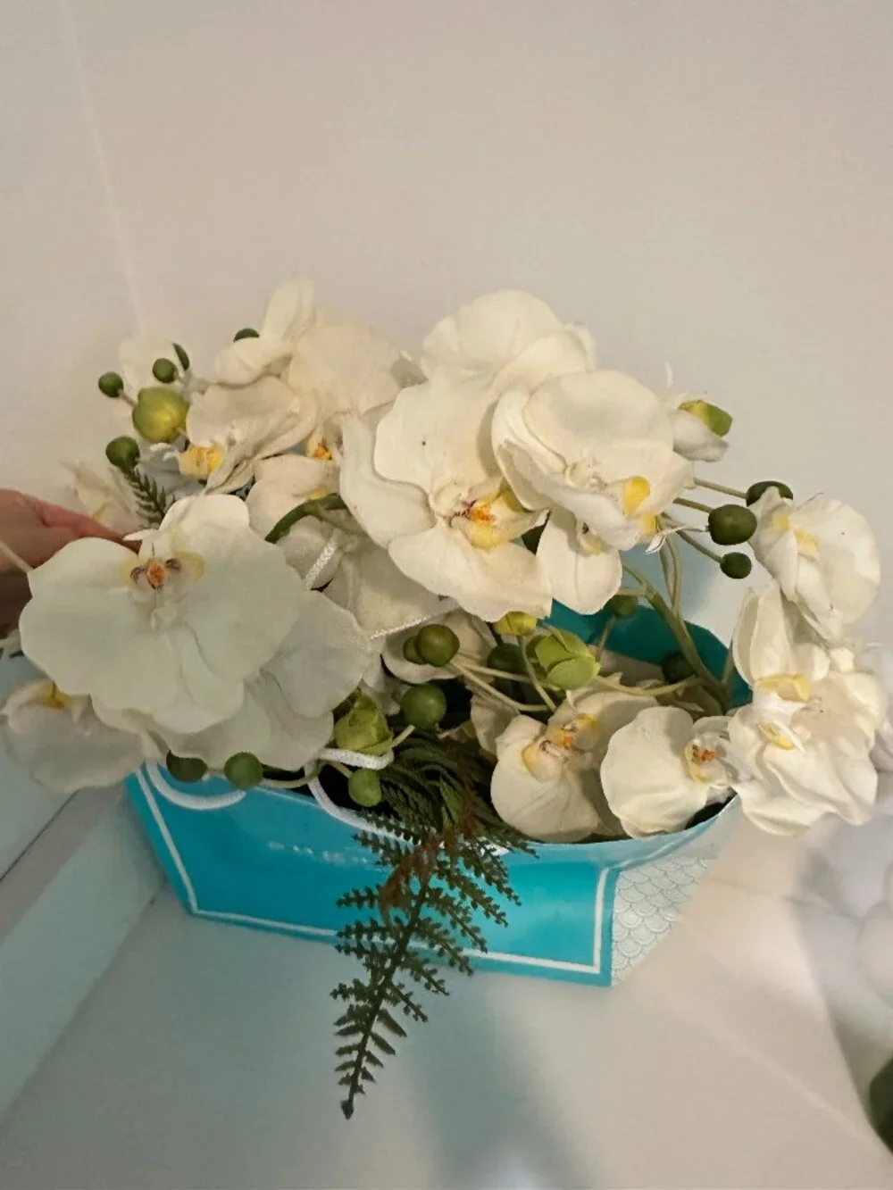 Artificial White Orchid Arrangement w/ Ferns & Bird Clip Faux Floral